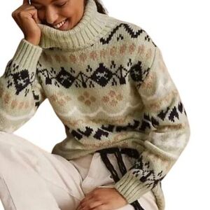 Anthropologie Womens M Oversized Mint Fair Isle Chunky Turtleneck Tunic Sweater